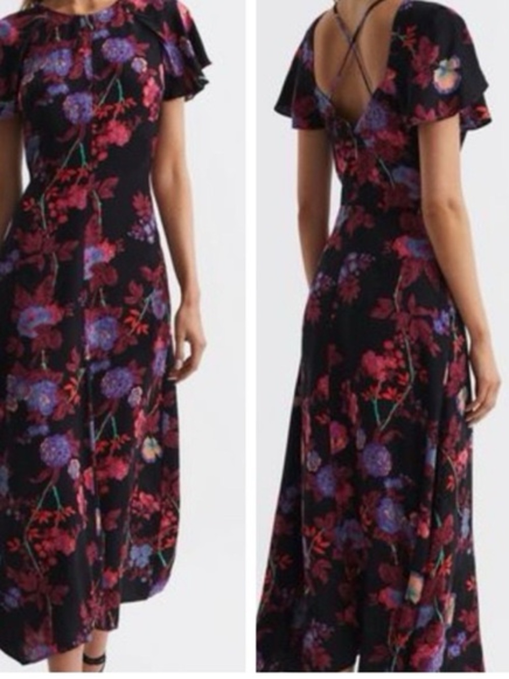 Reiss Leni Black Floral Maxi Dress 12 Dark Romantic Boho Feminine Evening Classy